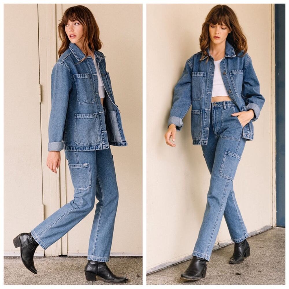 ATWYLD NEW Onward Travel Denim Utility Cargo Straight Leg Trousers Indigo Blue